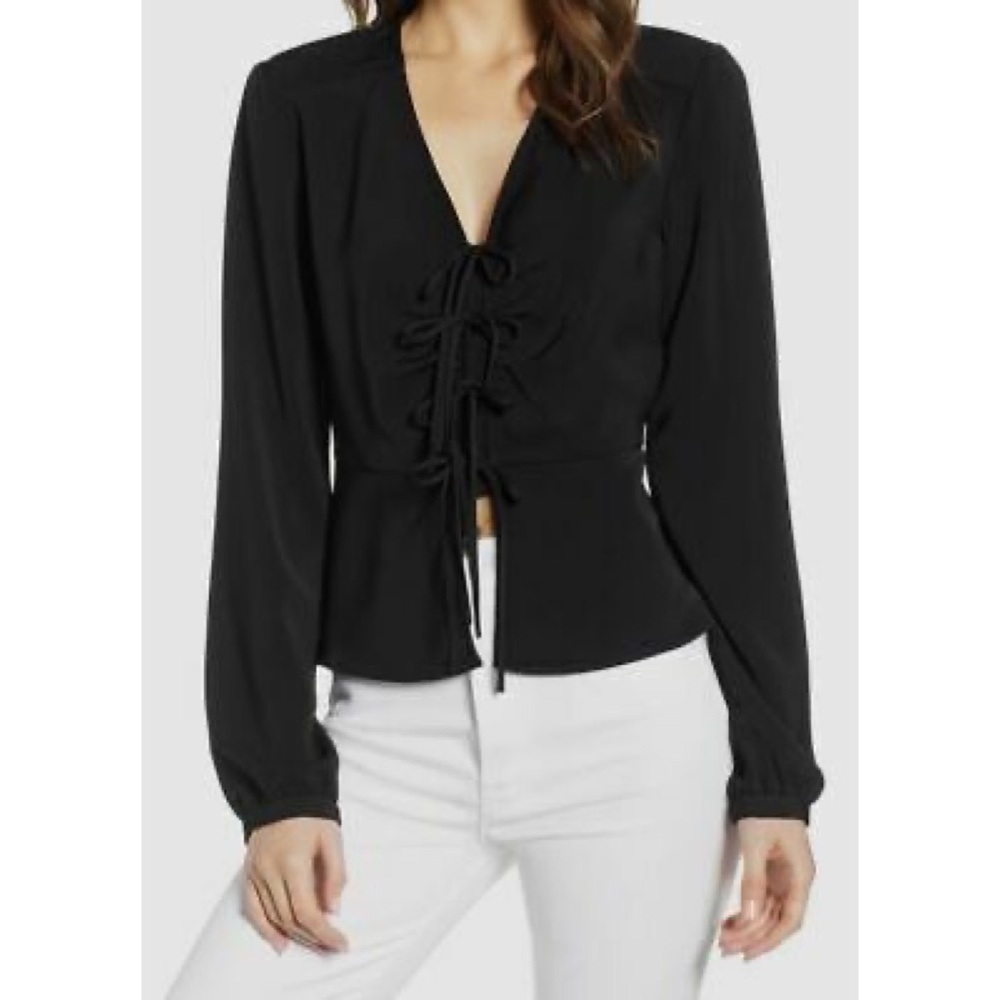 WAYF Black Long Sleeve Tie Front Blouse